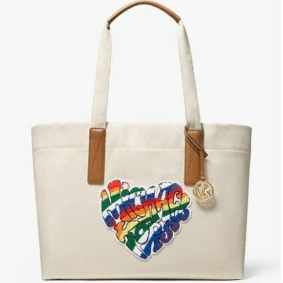 Michael Kors PRIDE Signature Large Rainbow Heart Patch Cotton Tote Bag/Used - Picture 1 of 7